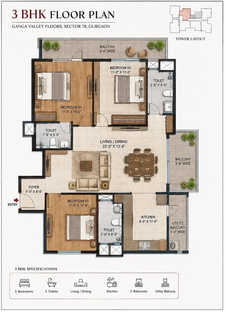 Delhi 7 Project 3 BHK floor plan